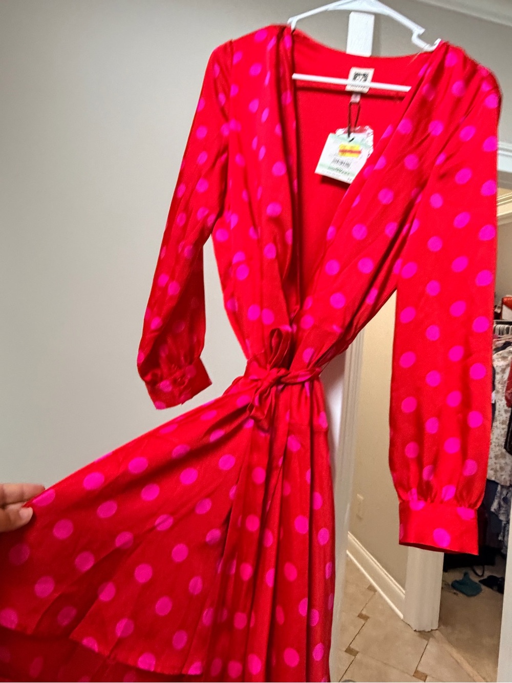 Anne Klein Red Wrap Dress with Pink Polka Dots